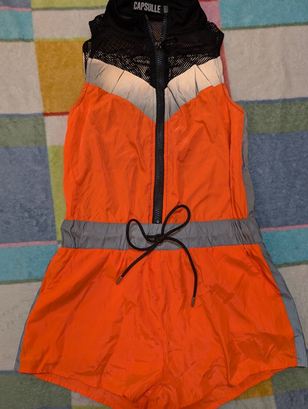 Dolls Kill Reflective Rave Costume Orange Neon Mesh Romper
